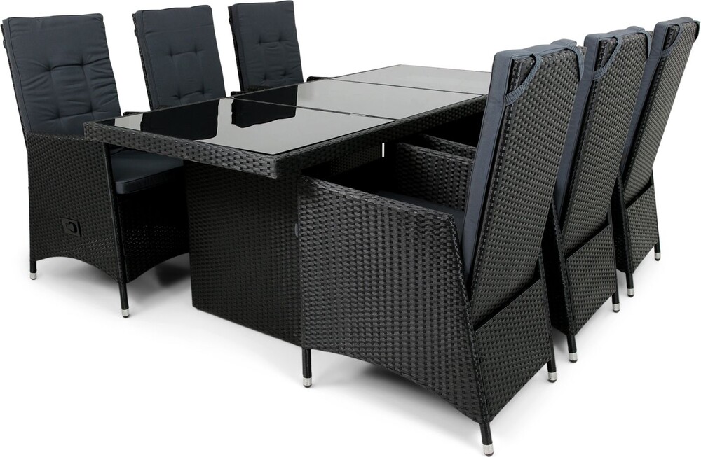 Lyfco Ruokailuryhmä Kämpinge, pöytä + 6 tuolia, polyrottinki, musta