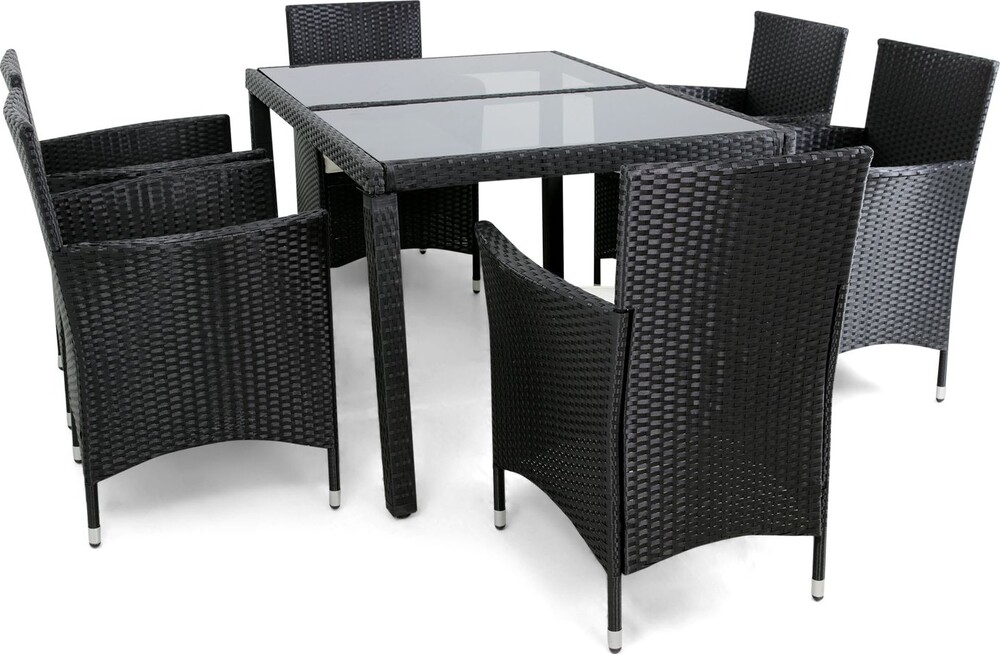 Lyfco Ruokailuryhmä Båstad, pöytä + 6 tuolia, polyrottinki, musta
