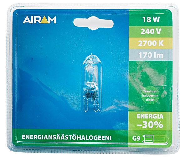Airam Energiansäästöhalogeeni 18W G9 240V 2800K 204lm 2 kpl/pak