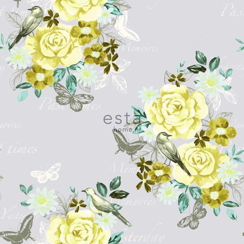 ESTA Pretty Nostalgic Tapetti flowers & birds keltainen 53 cm x 10,05 m Non-woven