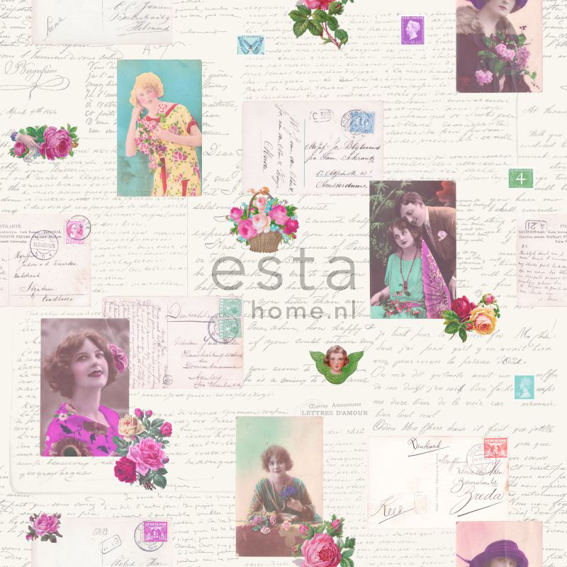 ESTA Pretty Nostalgic Tapetti vintage postcards vaaleanpunainen & turkoosi 53 cm x 10,05 m Non-woven