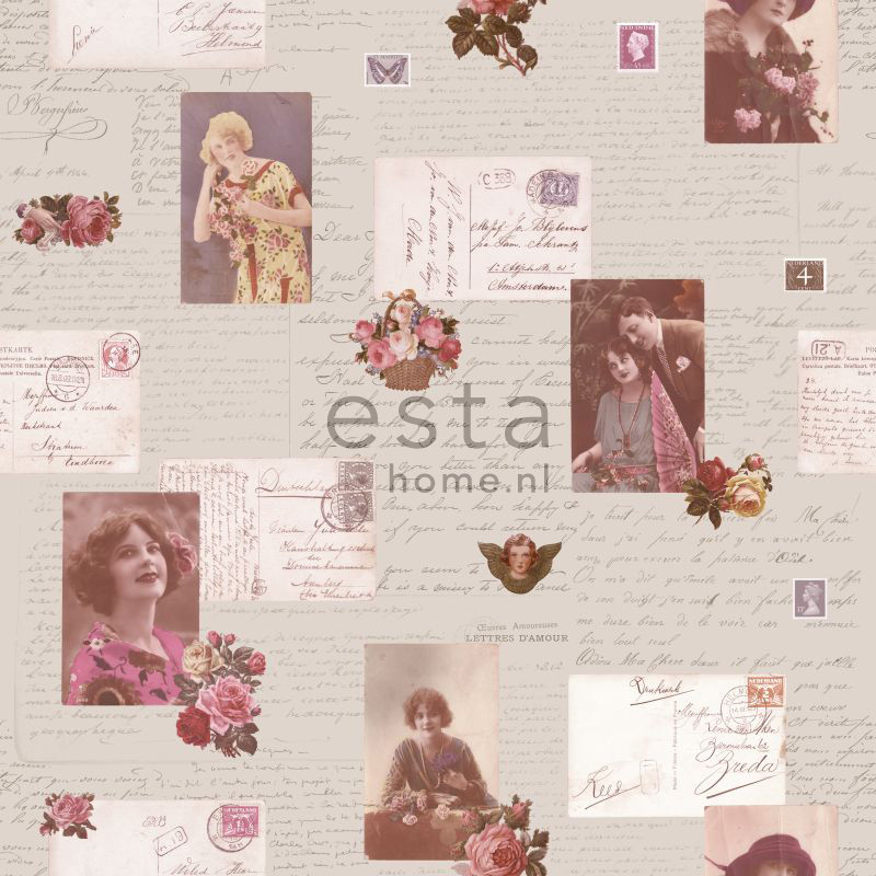 ESTA Pretty Nostalgic Tapetti vintage postcards seepia 53 cm x 10,05 m Non-woven