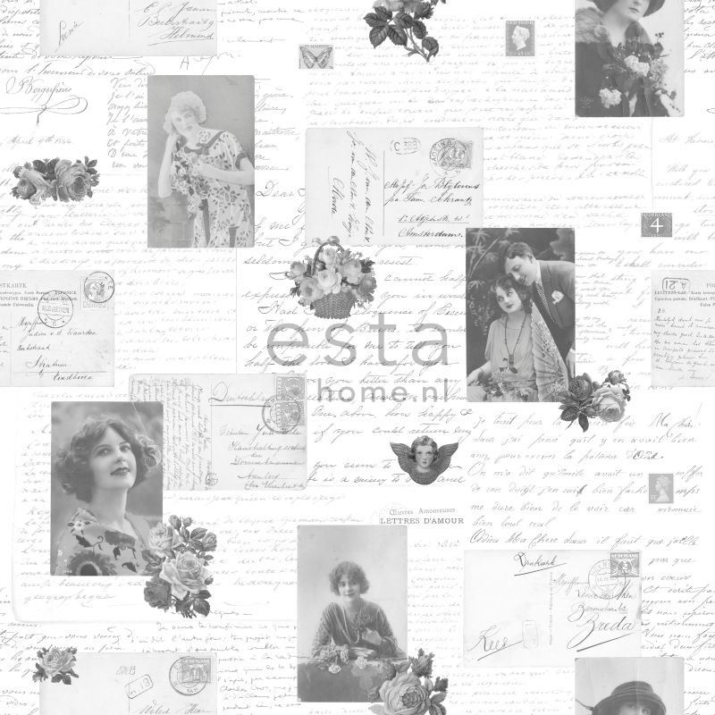 ESTA Pretty Nostalgic Tapetti vintage postcards musta & valkoinen 53 cm x 10,05 m Non-woven
