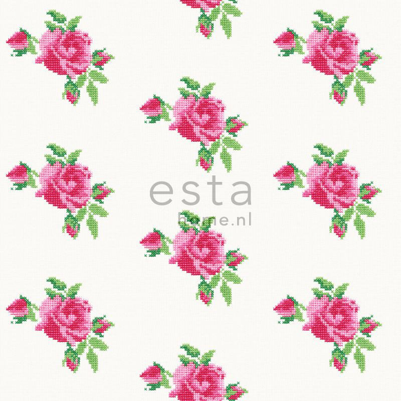 ESTA Pretty Nostalgic Tapetti little embroidered roses vaaleanpunainen ja vihreä 53 cm x 10,05 m Non-woven