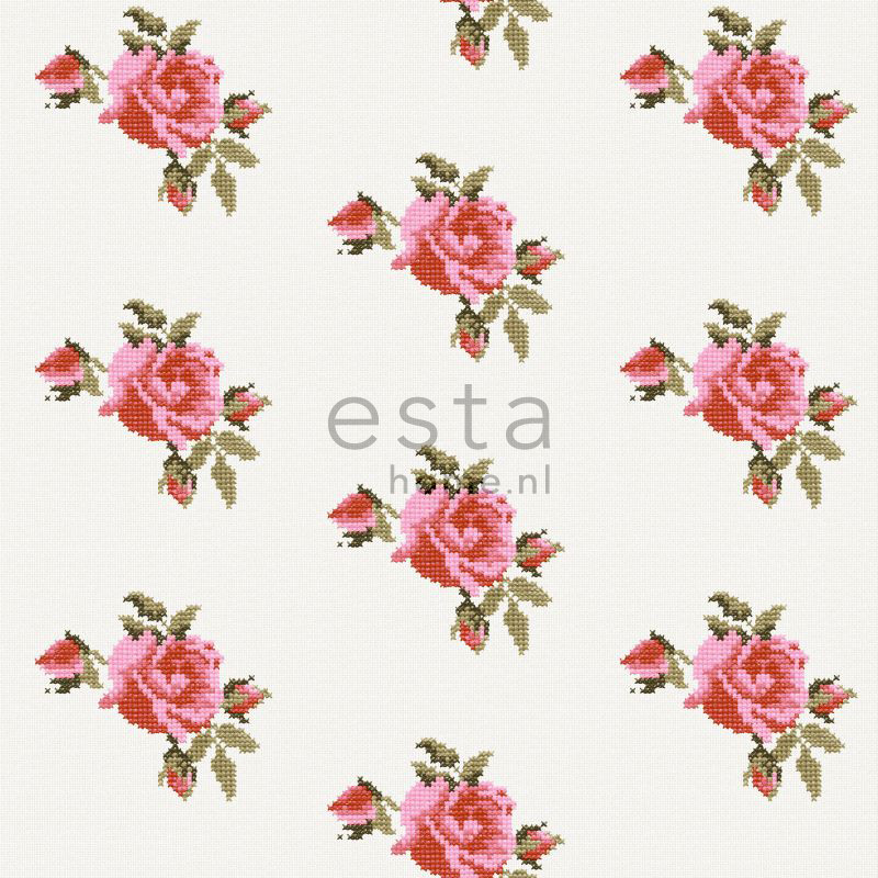 ESTA Pretty Nostalgic Tapetti little embroidered roses pinkki 53 cm x 10,05 m Non-woven