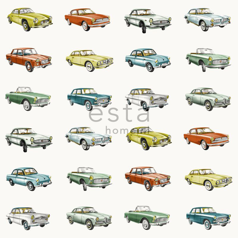 ESTA Everybody Bonjour Tapetti vintage cars okrankeltainen & vihreä 53 cm x 10,05 m Non-woven