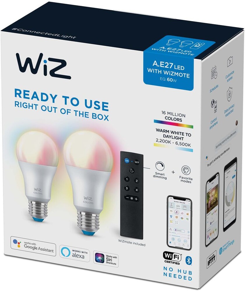 WiZ LED-älyvalaistuspakkaus A60 Color Wi-Fi 8W 2kpl älylamppu (E27) + kaukosäädin