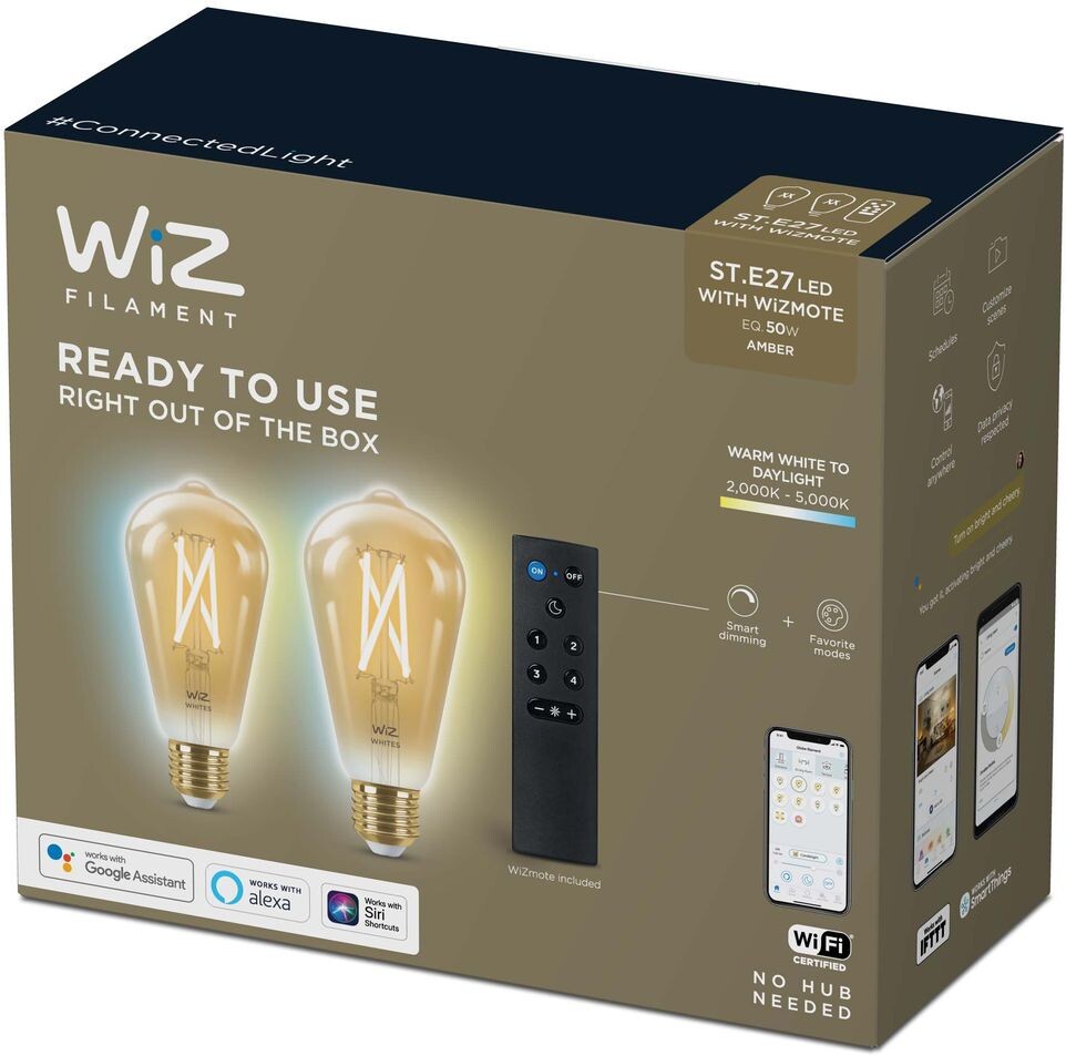 WiZ LED-älyvalaistuspakkaus ST64 Tunable White Wi-Fi 6,7W 2 kpl älylamppu (E27) + kaukosäädin