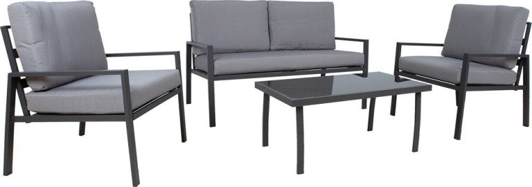Home4you Oleskeluryhmä  Tifton 2-istuttava sohva +2 nojatuolia + pöytä musta/harmaa