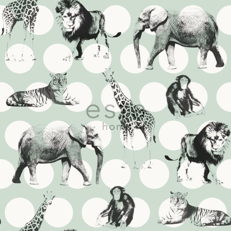 ESTA Everybody Bonjour Tapetti animals with dots minttu & musta 53 cm x 10,05 m Non-woven