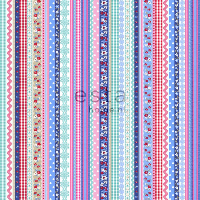 ESTA Pretty Nostalgic Tapetti little ribbons sininen & vaaleanpunainen 53 cm x 10,05 m Non-woven