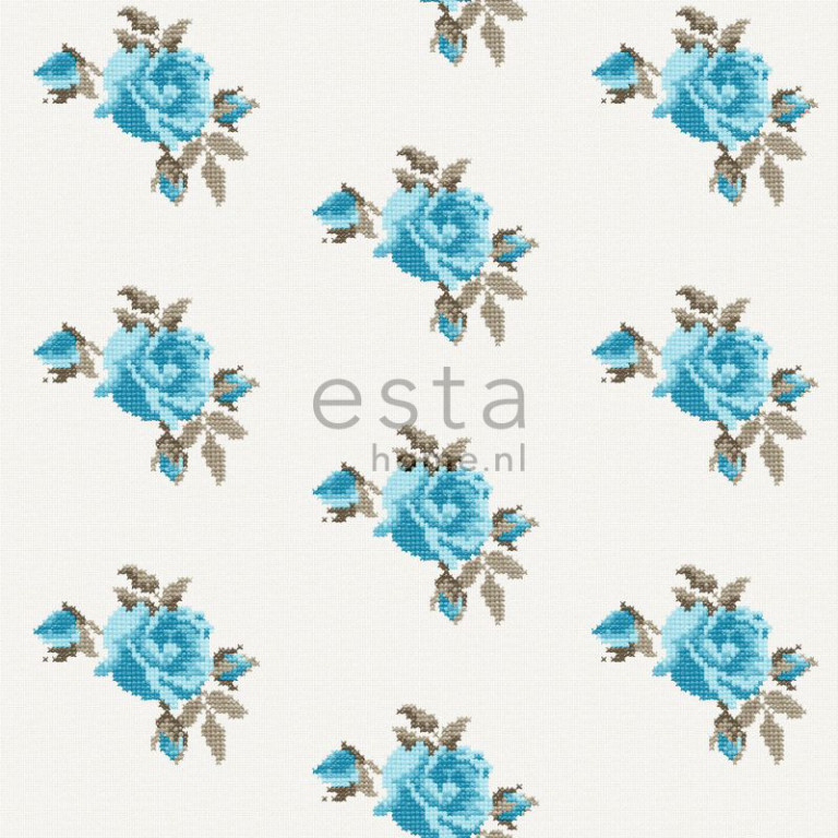 ESTA Pretty Nostalgic Tapetti little embroidered roses turkoosi 53 cm x 10,05 m Non-woven