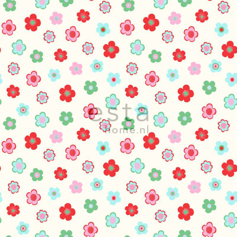 ESTA Everybody Bonjour Tapetti vintage little flowers vaaleansininen, vihreä & punainen 53 cm x 10,05 m Non-woven