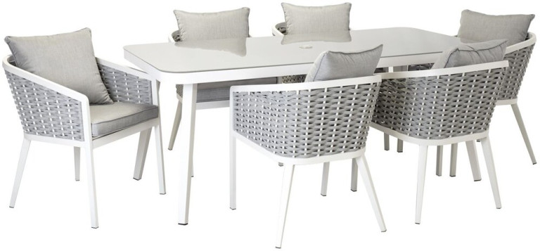 Home4you Ruokailuryhmä Marie 180x90 cm pöytä + 6 tuolia valkoinen/harmaa
