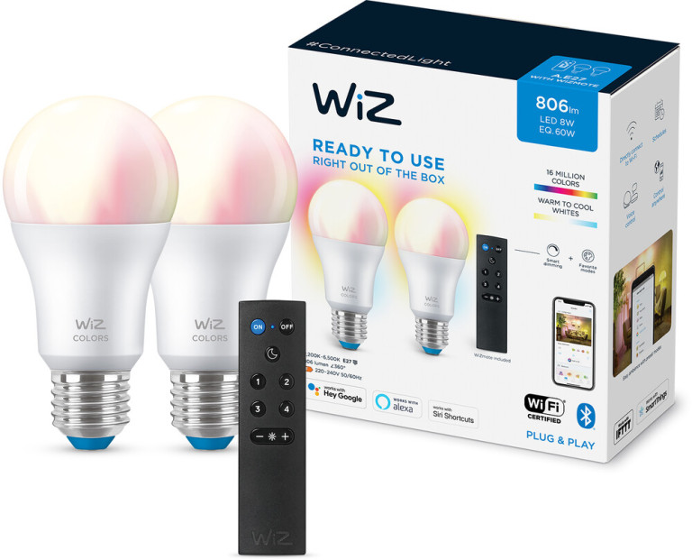 WiZ älylamppu Wi-Fi 60W A60 E27 RGB 2kpl + kaukosäädin