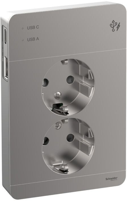 Schneider Exxact Pistorasia 2-osainen peitelevyllä + 2x USB lataus A+C 3A metalli